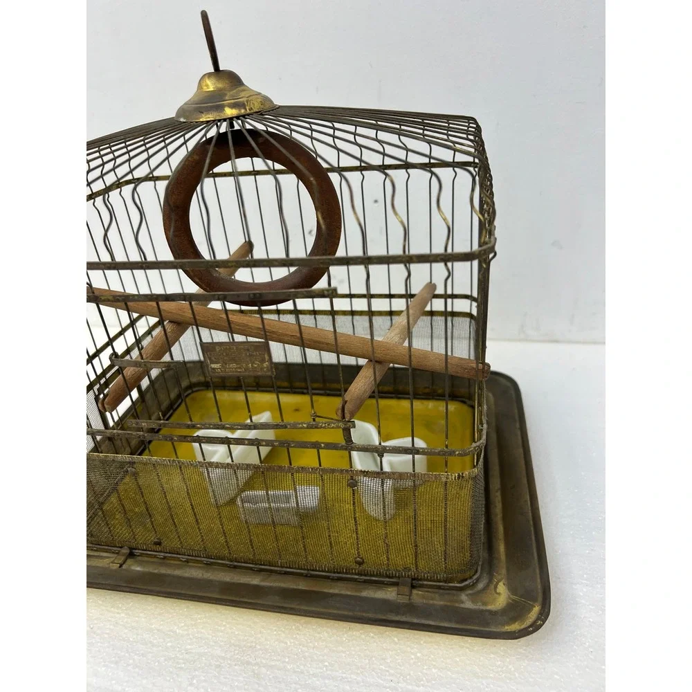 Hendryx Antique Brass Bird Cage Vintage Wire Pet w Porcelain Feeders Perch Gold